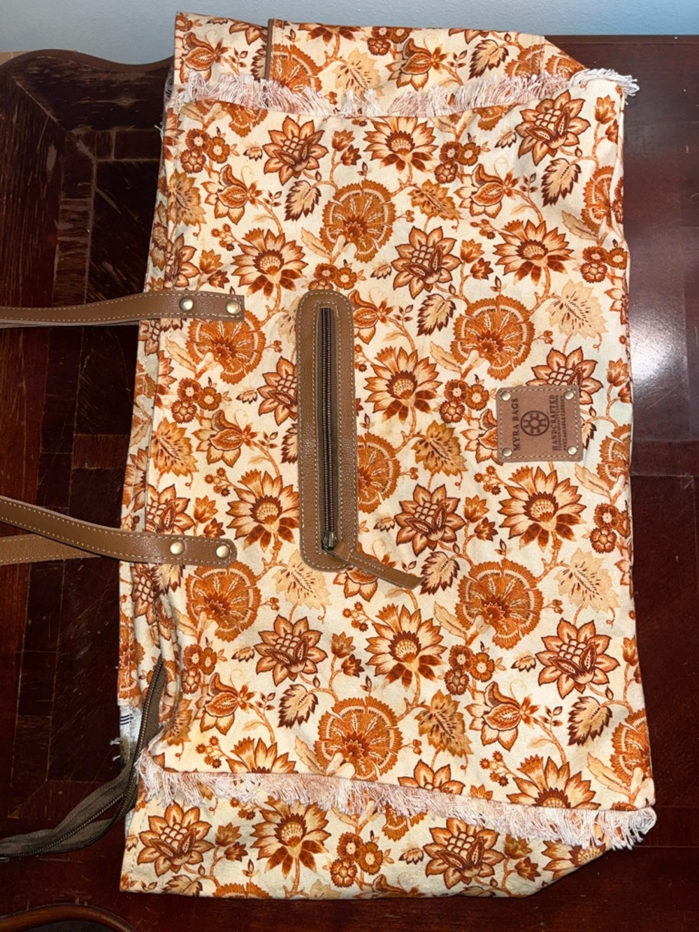 Myra Bag Floral Canvas Tote in Brown and Cream with fringe - Picture 9 of 10